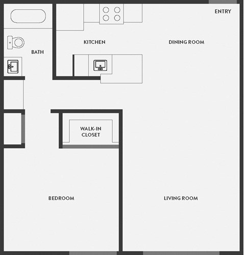 Floor plan for 1 bed, 1 bath, 683 sqft